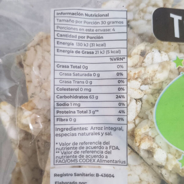 Snack Bajo en Calorías Arroz Integral Orejano y Albahaca 120 g - Imagen 2